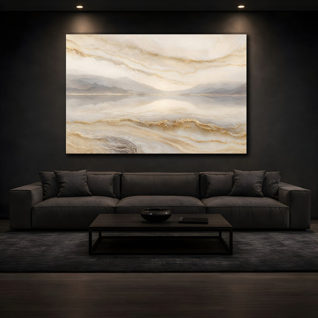 Mockup 3. Abstract Abstract Landscape Gold And Beige shown as stretched canvas wall art