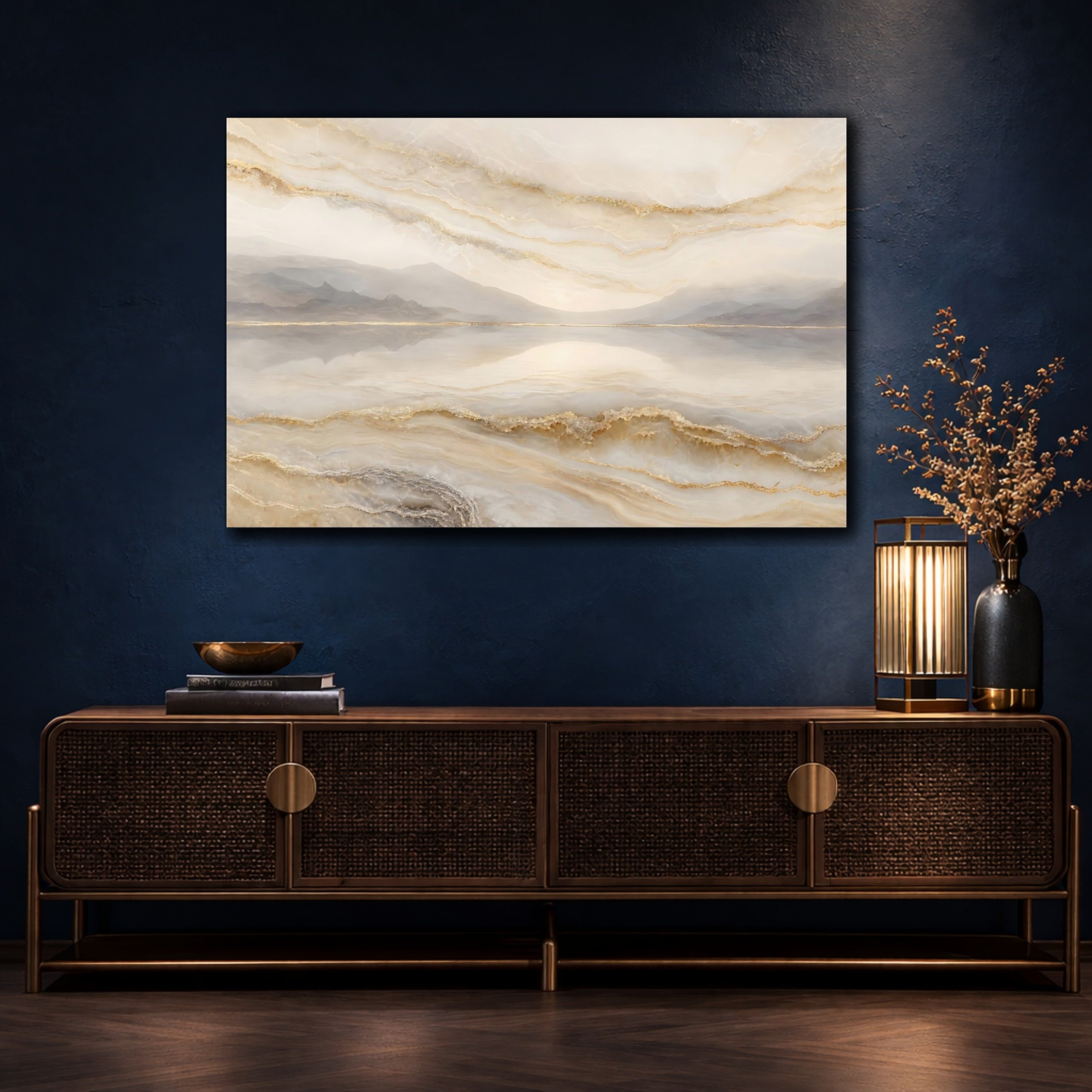 Mockup 4. Abstract Abstract Landscape Gold And Beige shown as stretched canvas wall art