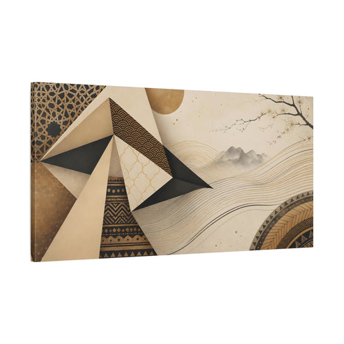Main Mockup. Abstract Abstract Landscape Gold Black Geometric shown as stretched canvas wall art