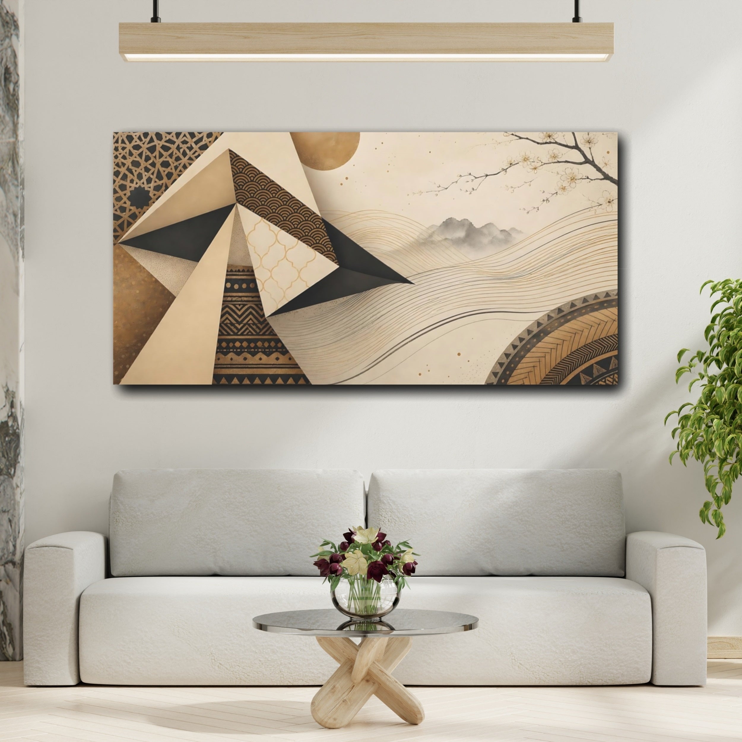 Mockup 2. Abstract Abstract Landscape Gold Black Geometric shown as stretched canvas wall art