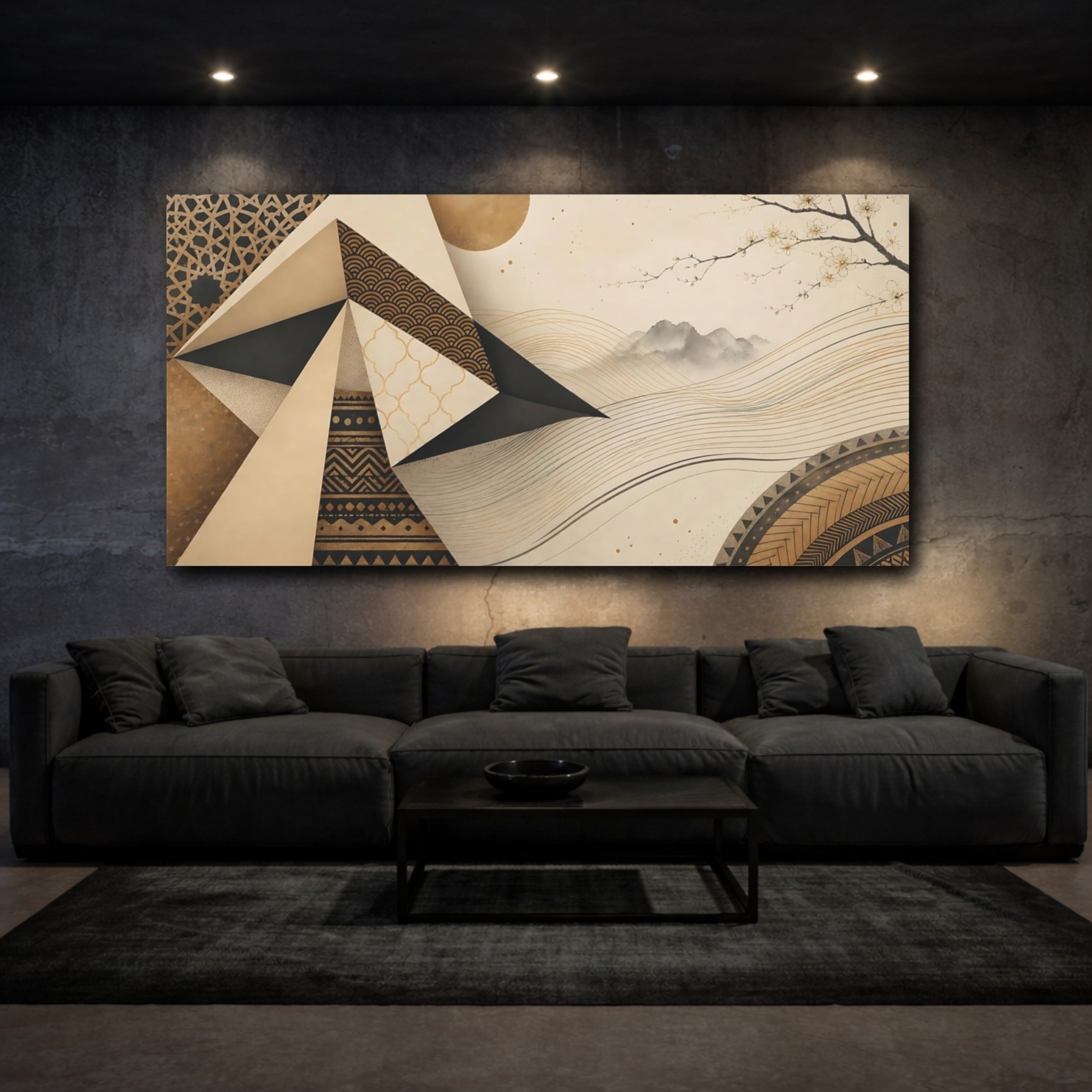 Mockup 3. Abstract Abstract Landscape Gold Black Geometric shown as stretched canvas wall art