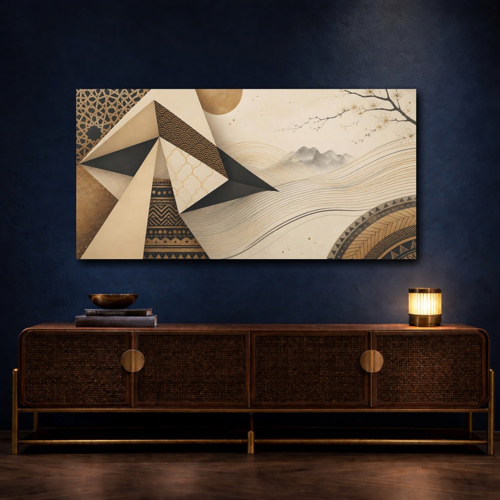 Mockup 4. Abstract Abstract Landscape Gold Black Geometric shown as stretched canvas wall art