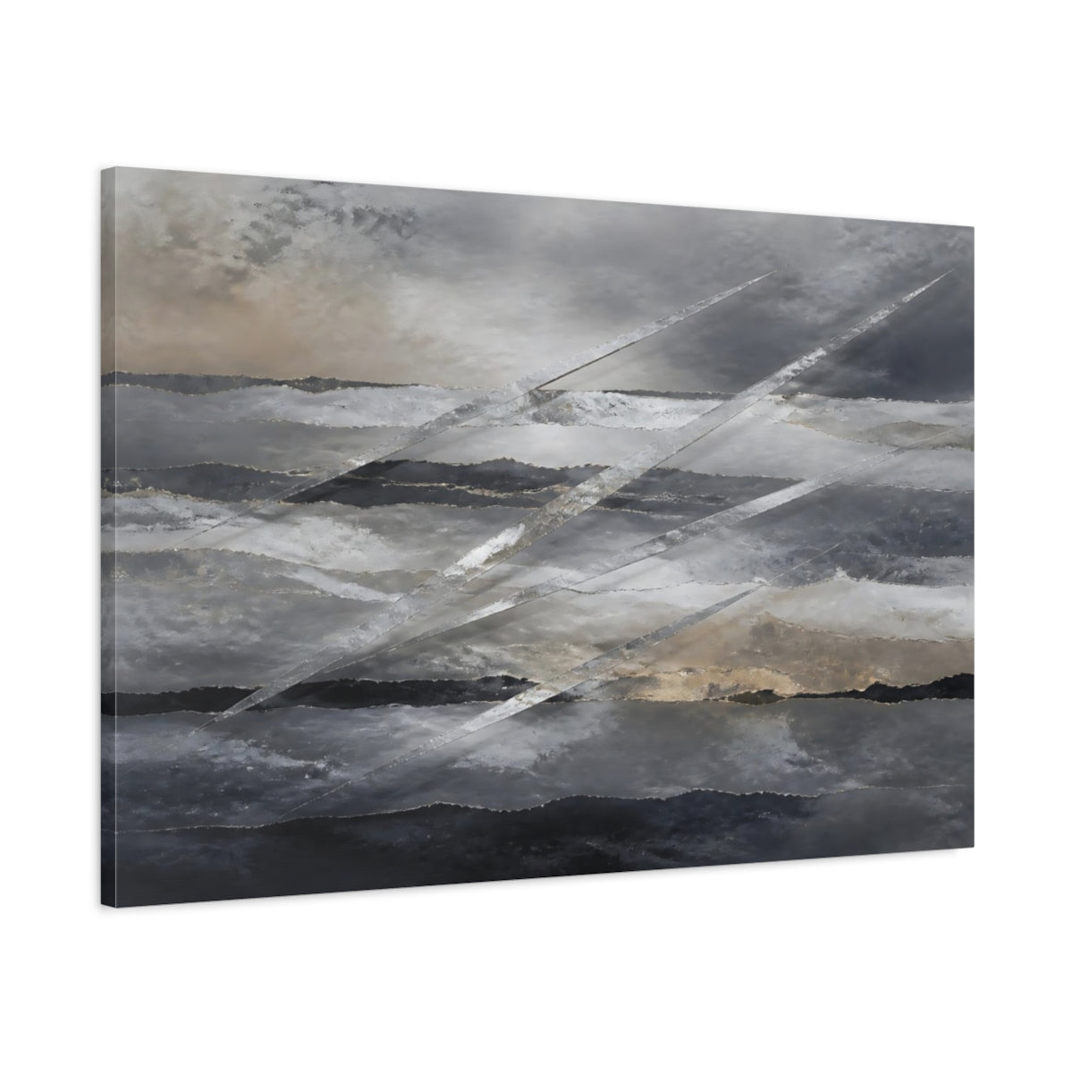 Main Mockup. Abstract Abstract Layers Gray Silver Gold shown as stretched canvas wall art