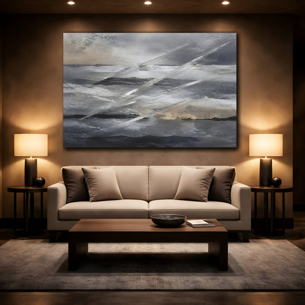 Mockup 2. Abstract Abstract Layers Gray Silver Gold shown as stretched canvas wall art