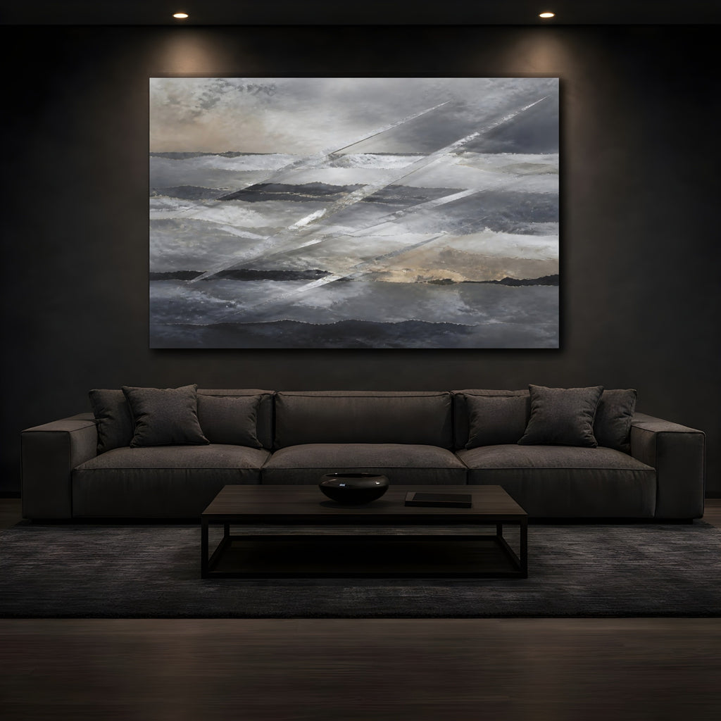 Mockup 3. Abstract Abstract Layers Gray Silver Gold shown as stretched canvas wall art
