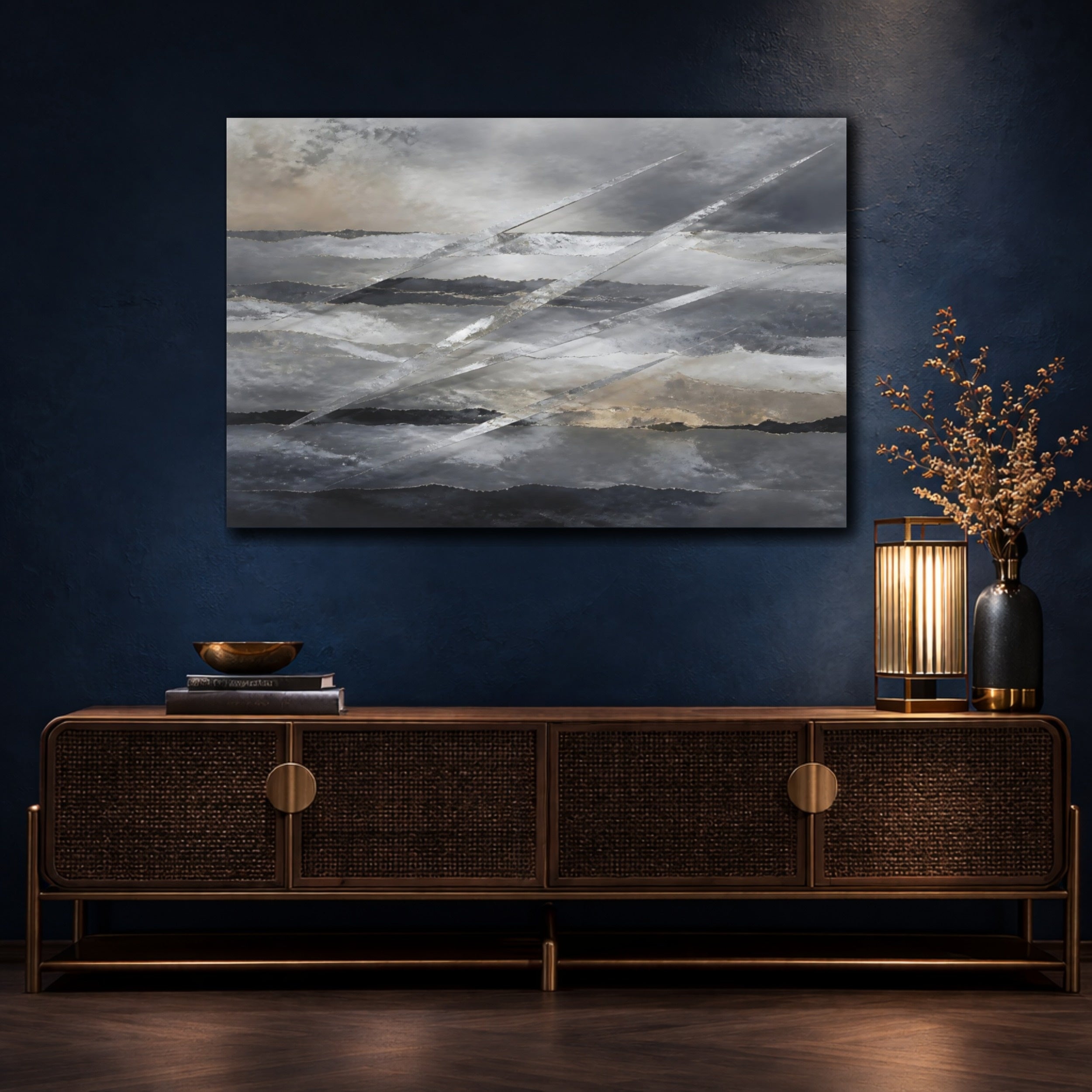 Mockup 4. Abstract Abstract Layers Gray Silver Gold shown as stretched canvas wall art