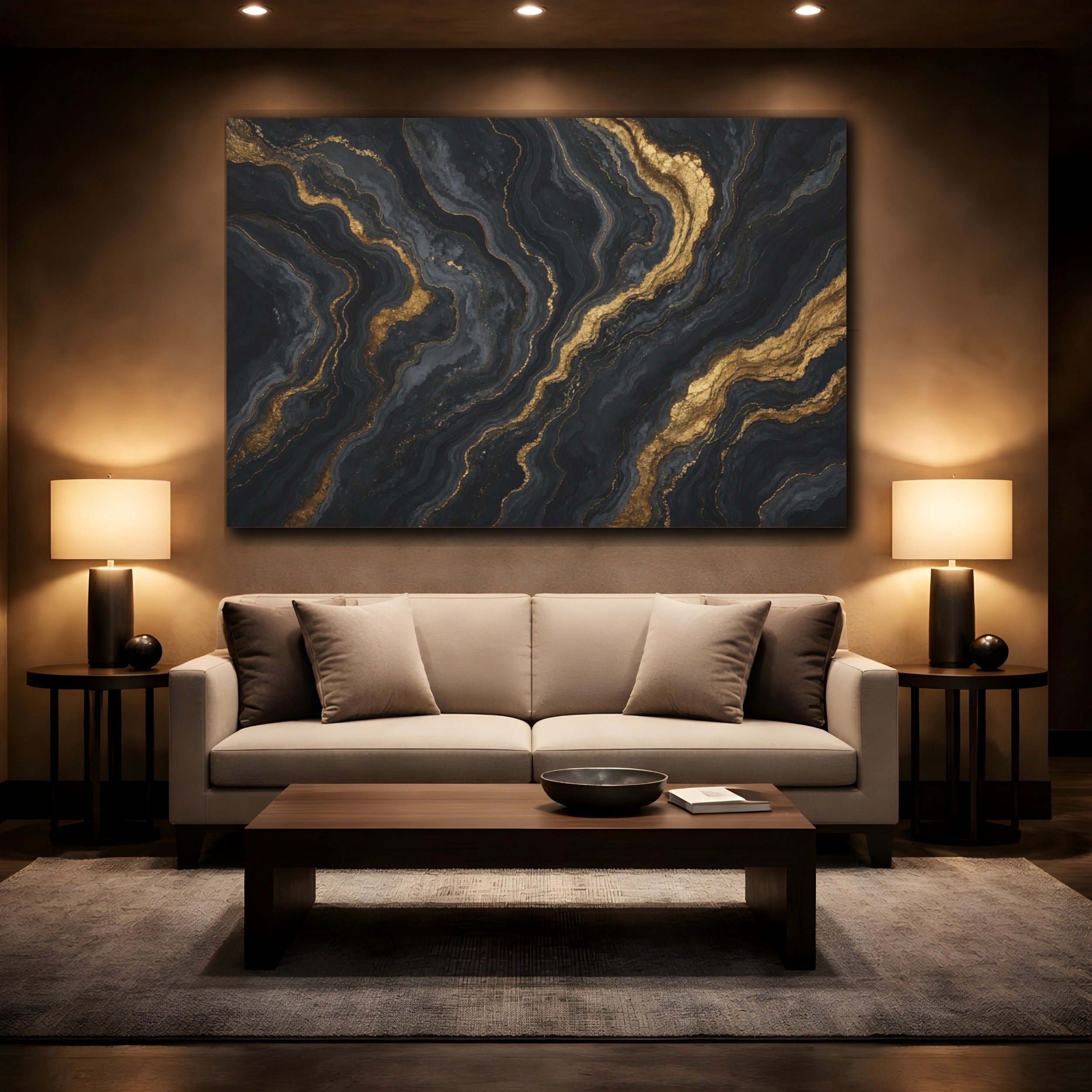 Mockup 2. Abstract Abstract Pattern Black Gold Abstract shown as stretched canvas wall art