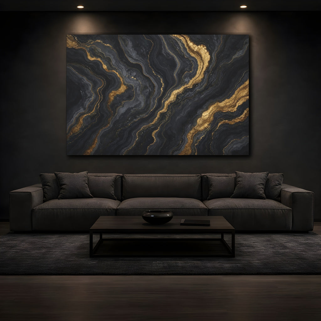 Mockup 3. Abstract Abstract Pattern Black Gold Abstract shown as stretched canvas wall art