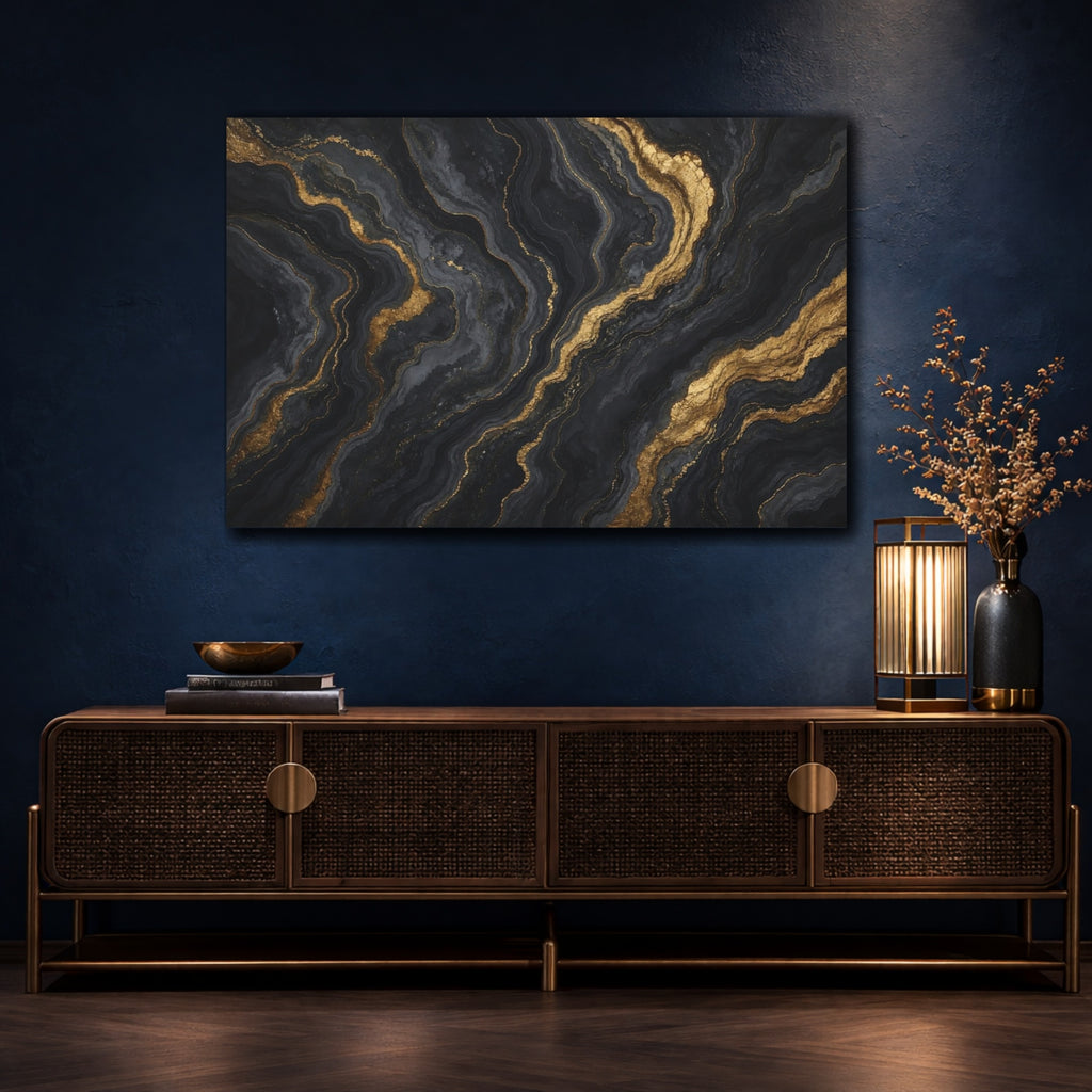Mockup 4. Abstract Abstract Pattern Black Gold Abstract shown as stretched canvas wall art