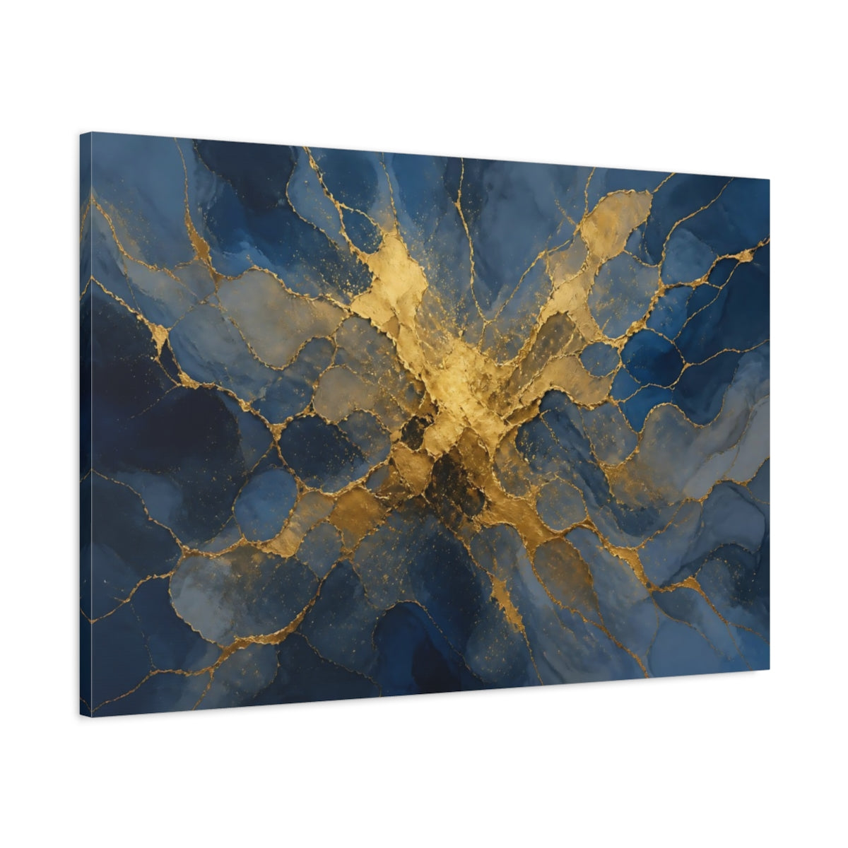 Main Mockup. Abstract Abstract Pattern Blue And Gold shown as stretched canvas wall art