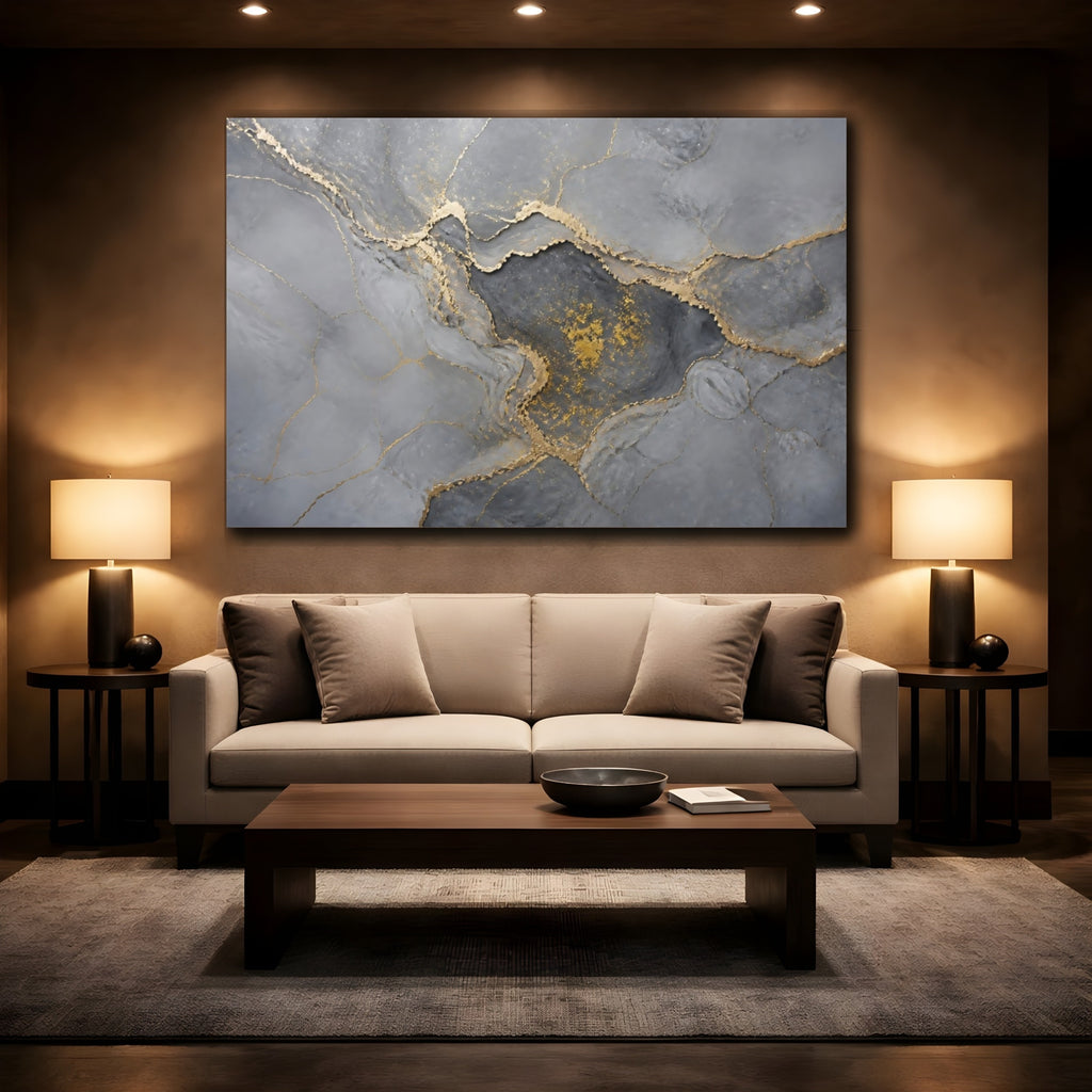 Mockup 2. Abstract Abstract Pattern Gray And Gold shown as stretched canvas wall art