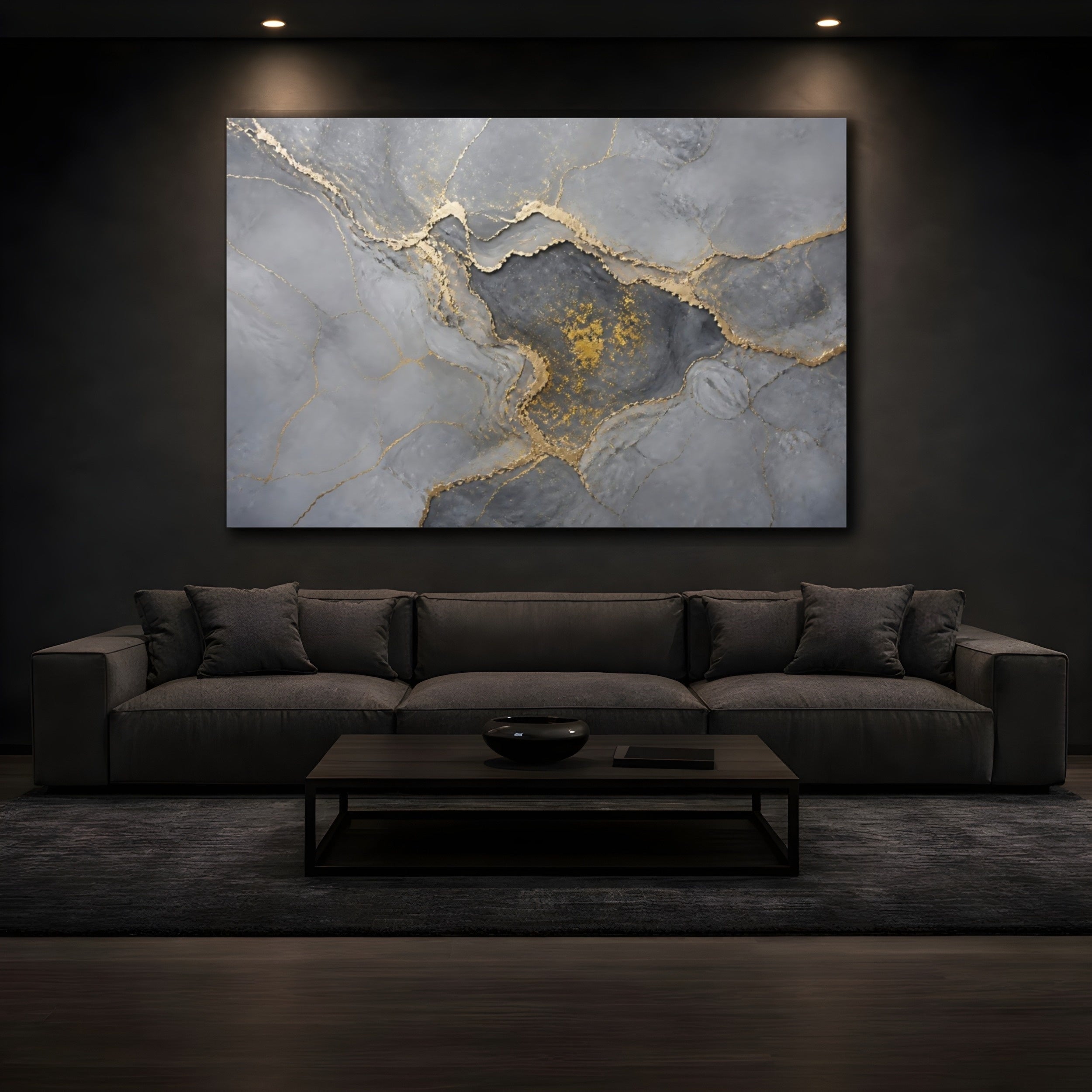 Mockup 3. Abstract Abstract Pattern Gray And Gold shown as stretched canvas wall art