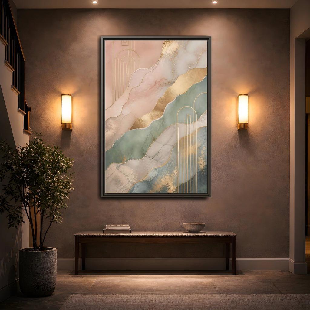 Mockup 2. Abstract Abstract Pattern Pink Green Gold shown as stretched canvas wall art
