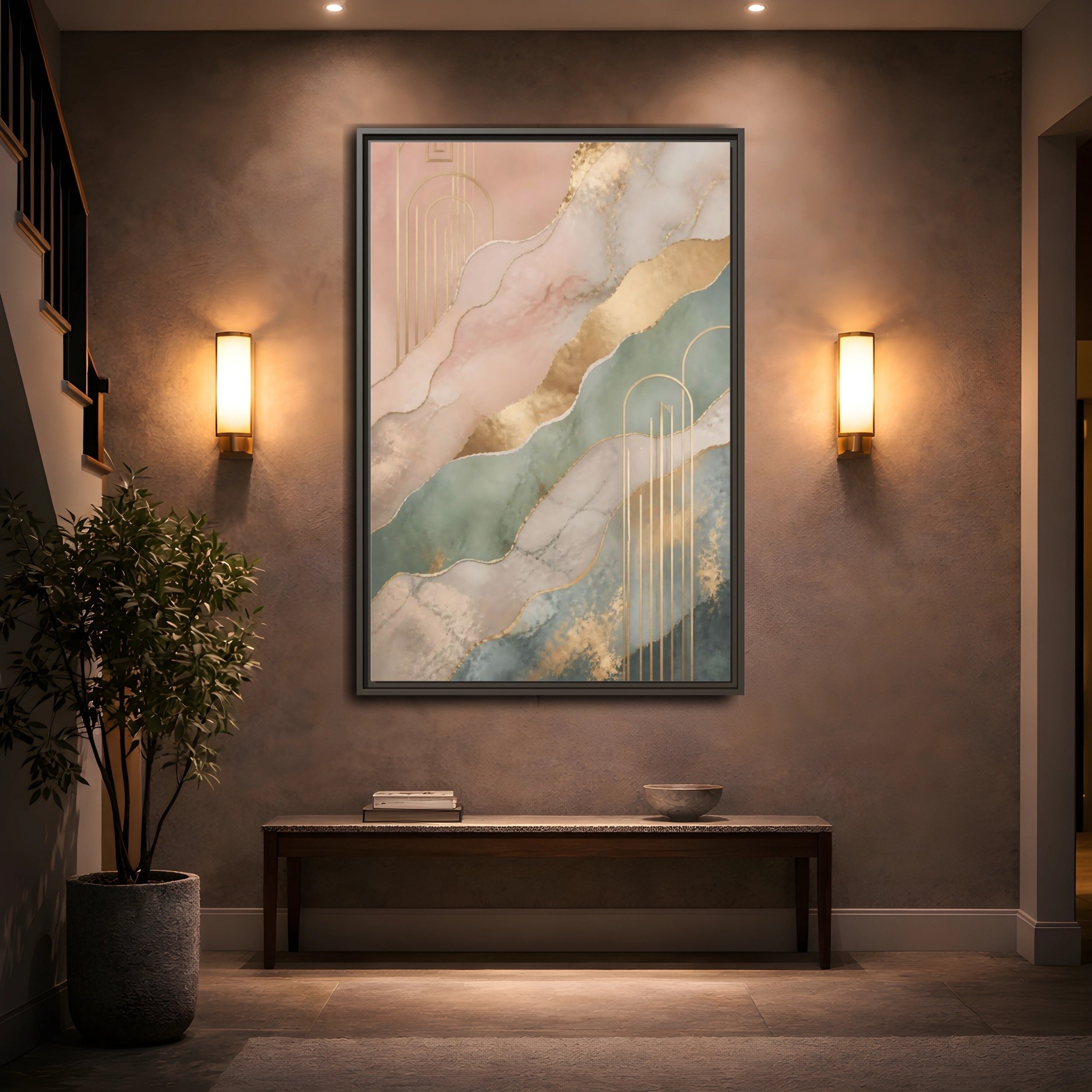 Mockup 2. Abstract Abstract Pattern Pink Green Gold shown as stretched canvas wall art