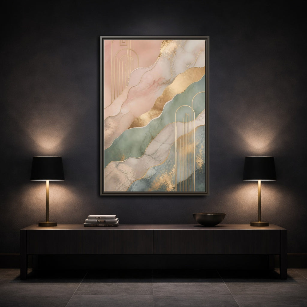 Mockup 3. Abstract Abstract Pattern Pink Green Gold shown as stretched canvas wall art