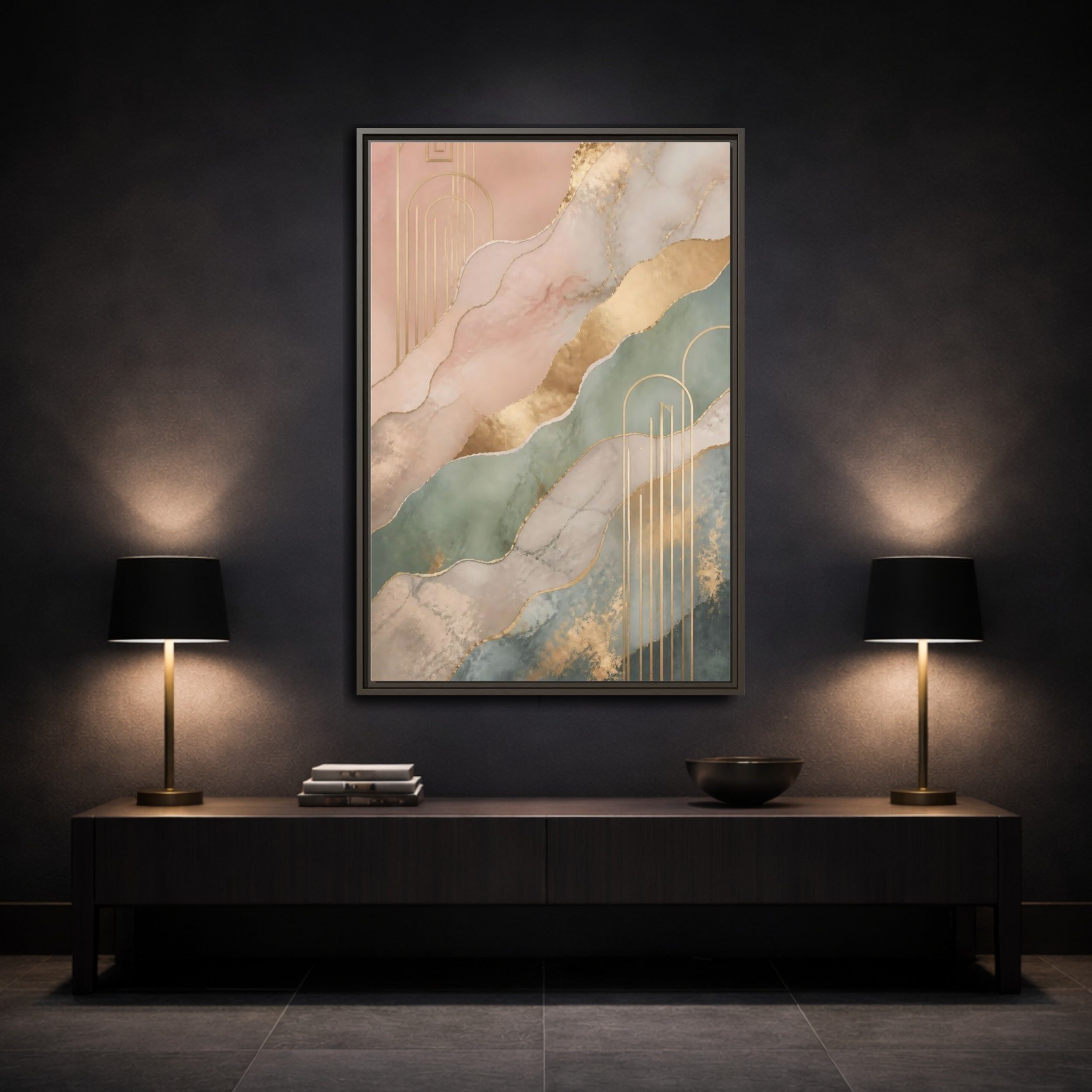 Mockup 3. Abstract Abstract Pattern Pink Green Gold shown as stretched canvas wall art