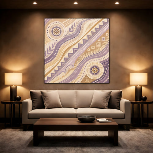 Mockup 2. Abstract Abstract Pattern Purple Beige Pattern shown as stretched canvas wall art