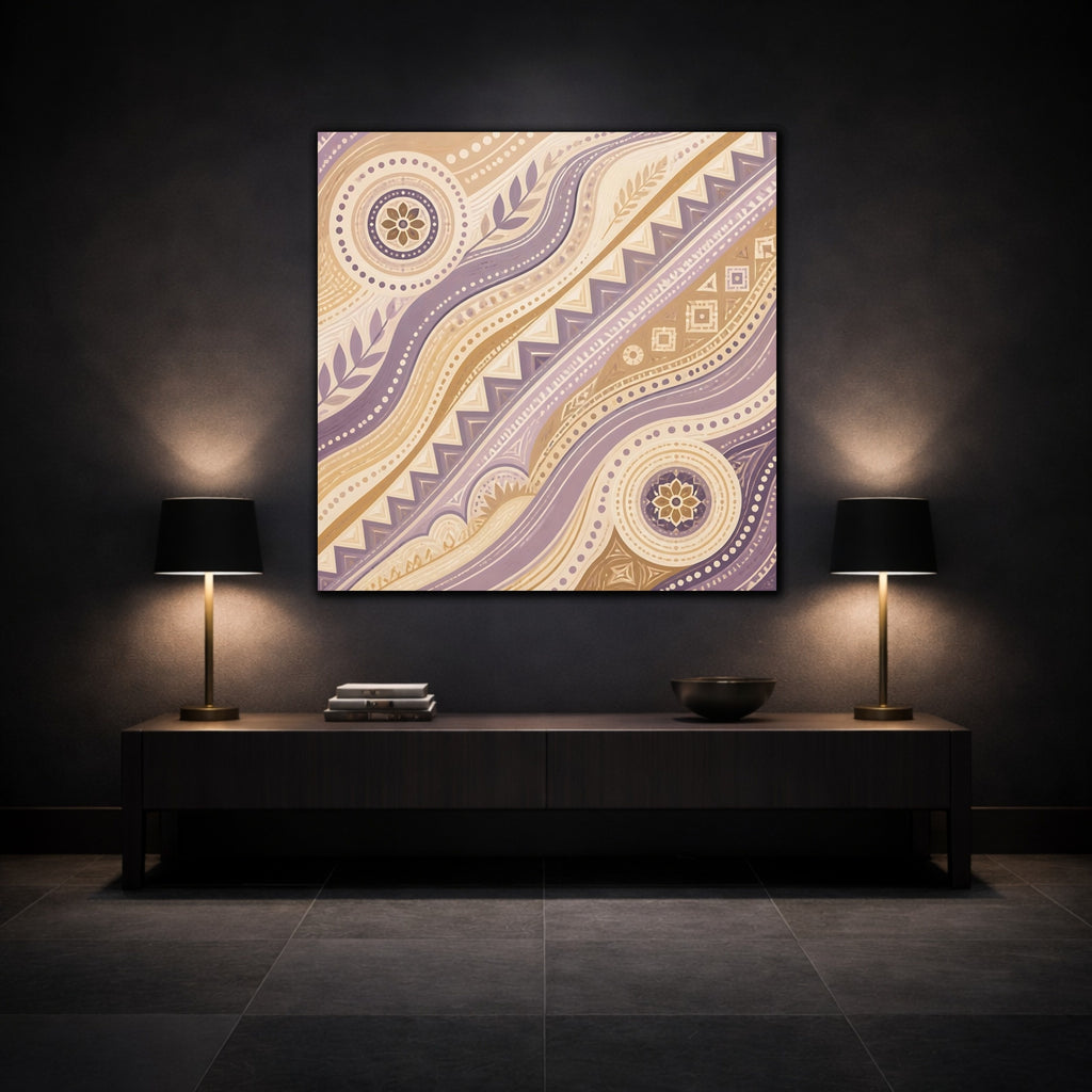 Mockup 3. Abstract Abstract Pattern Purple Beige Pattern shown as stretched canvas wall art