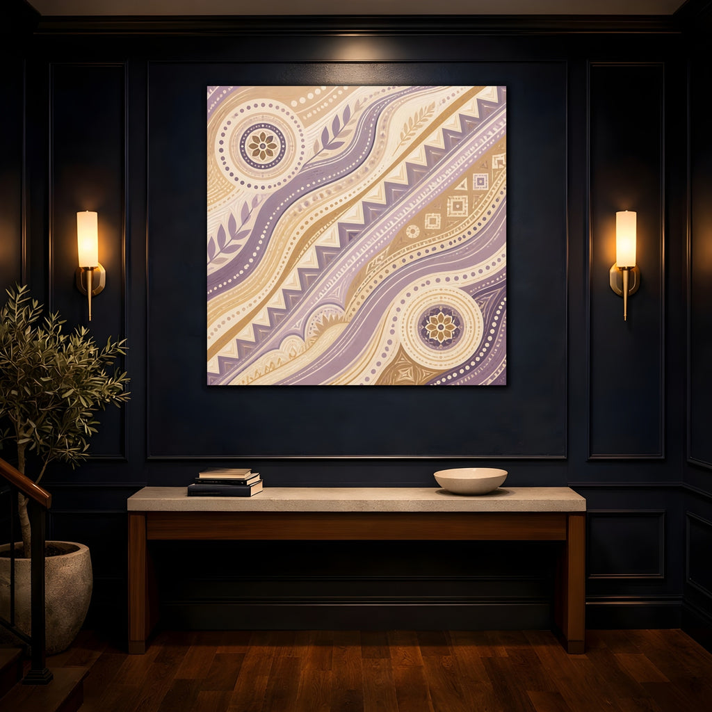 Mockup 4. Abstract Abstract Pattern Purple Beige Pattern shown as stretched canvas wall art