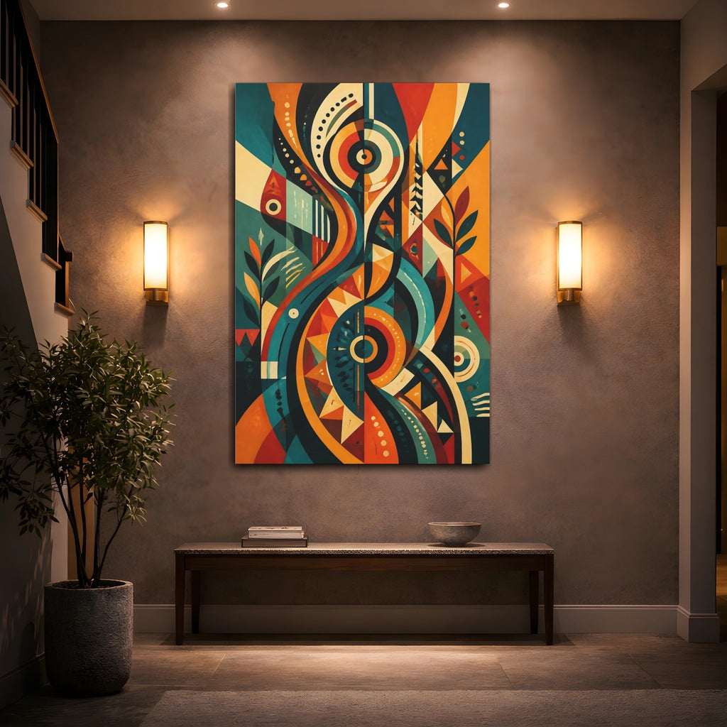 Mockup 2. Abstract Abstract Patterns Teal Orange Abstract shown as stretched canvas wall art