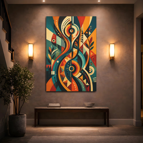 Mockup 2. Abstract Abstract Patterns Teal Orange Abstract shown as stretched canvas wall art
