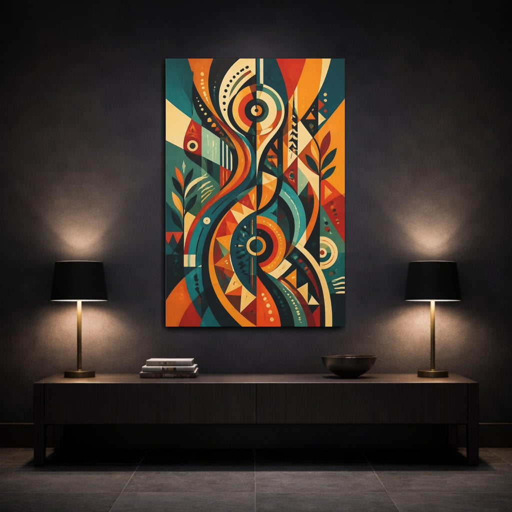 Mockup 3. Abstract Abstract Patterns Teal Orange Abstract shown as stretched canvas wall art