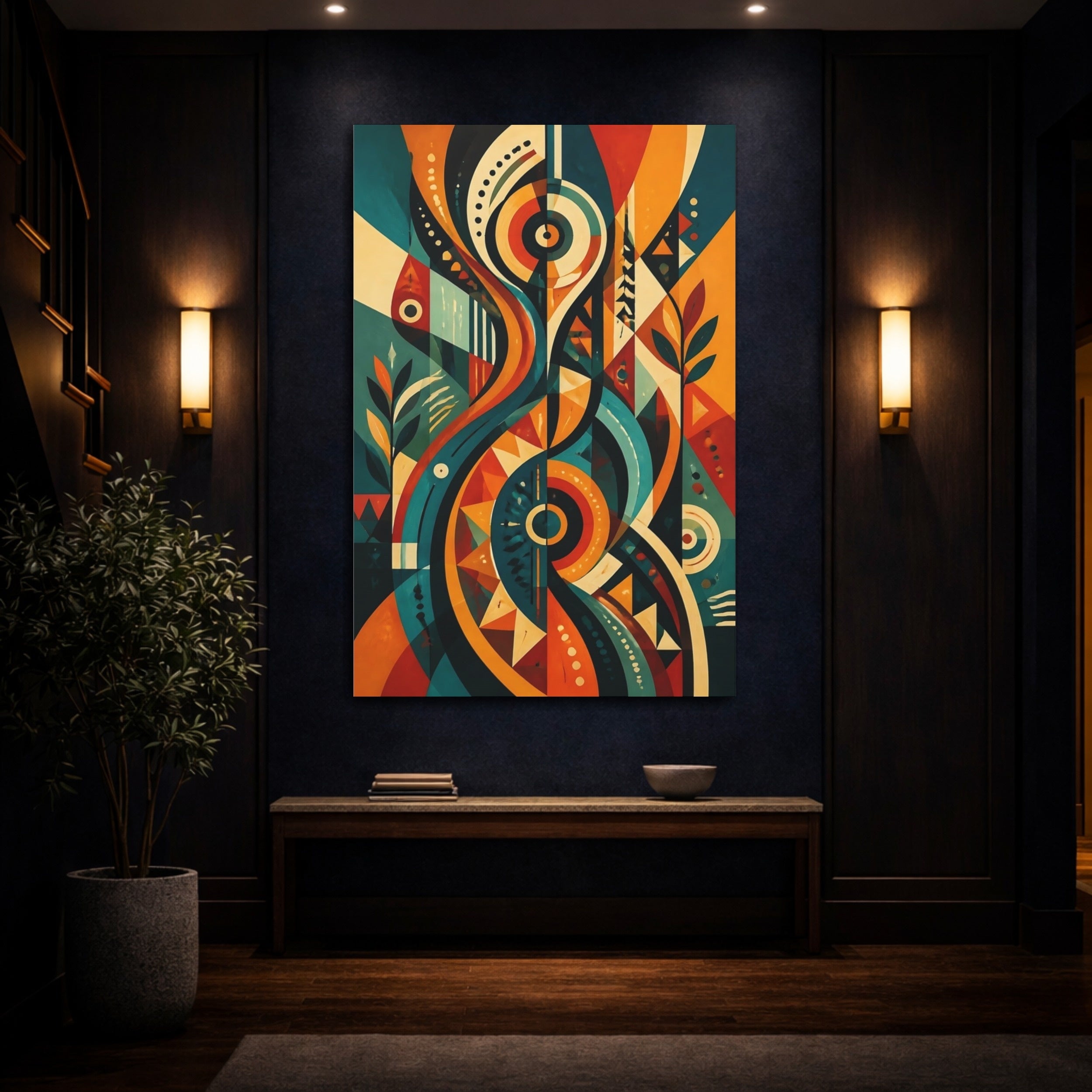 Mockup 4. Abstract Abstract Patterns Teal Orange Abstract shown as stretched canvas wall art