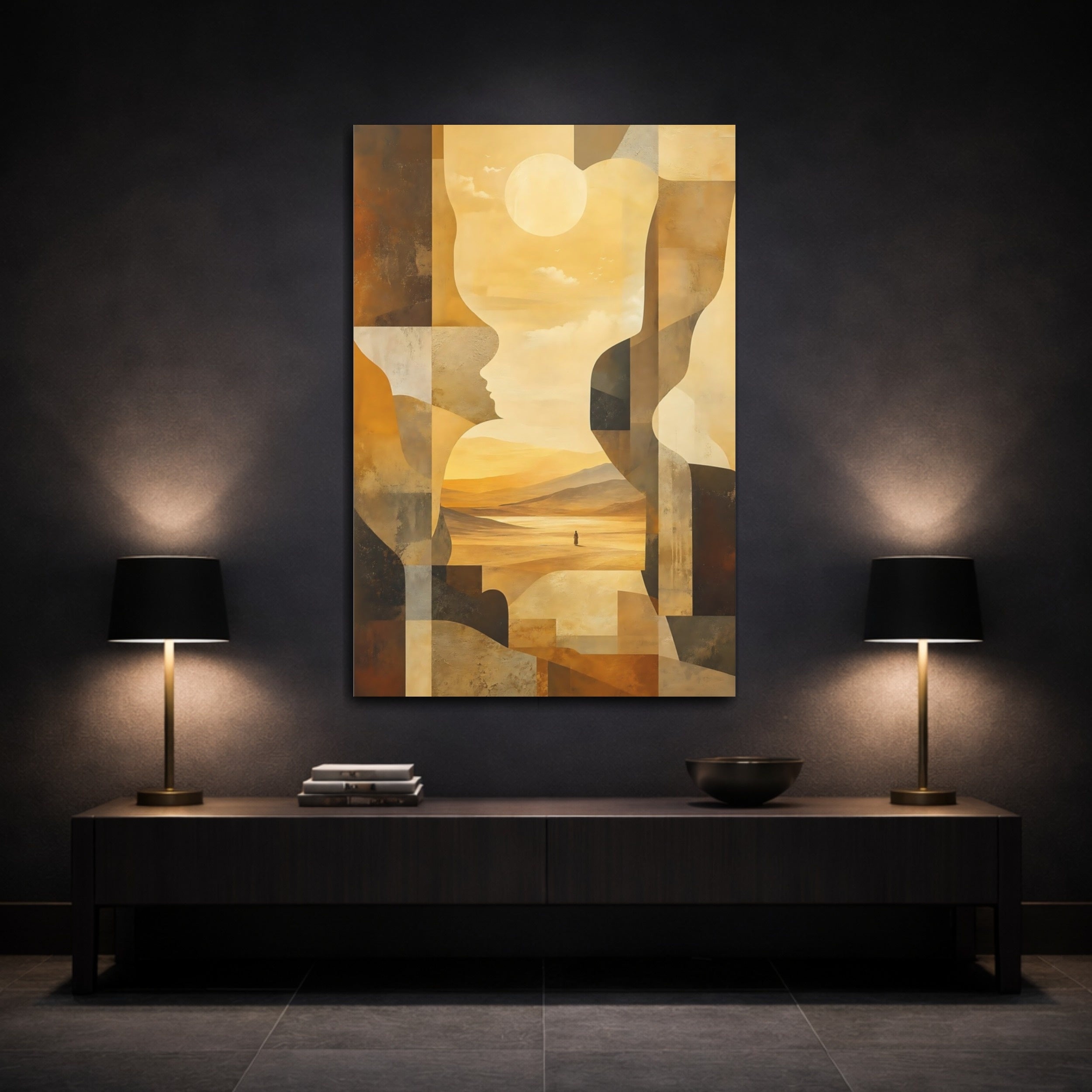 Mockup 3. Abstract Abstract Profiles Warm Desert shown as stretched canvas wall art