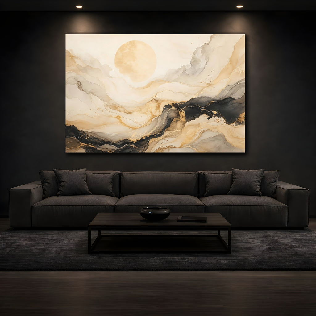 Mockup 3. Abstract Abstract Sun Gold And Black shown as stretched canvas wall art