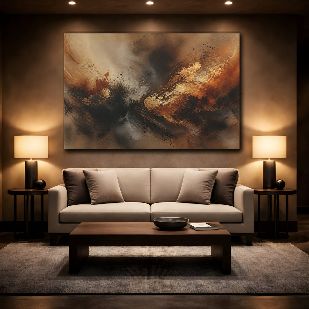 Mockup 2. Abstract Abstract Swirl Gold Black Brown shown as stretched canvas wall art