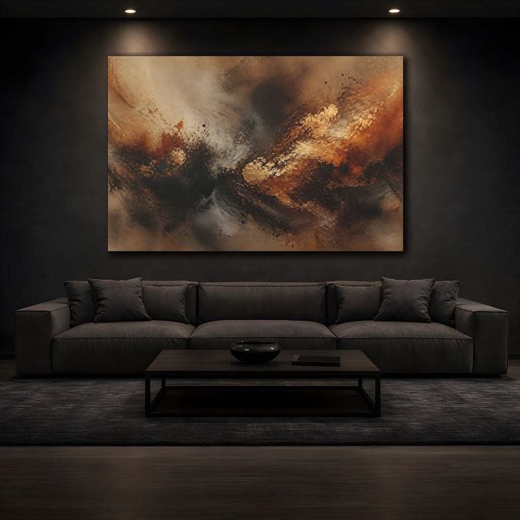Mockup 3. Abstract Abstract Swirl Gold Black Brown shown as stretched canvas wall art
