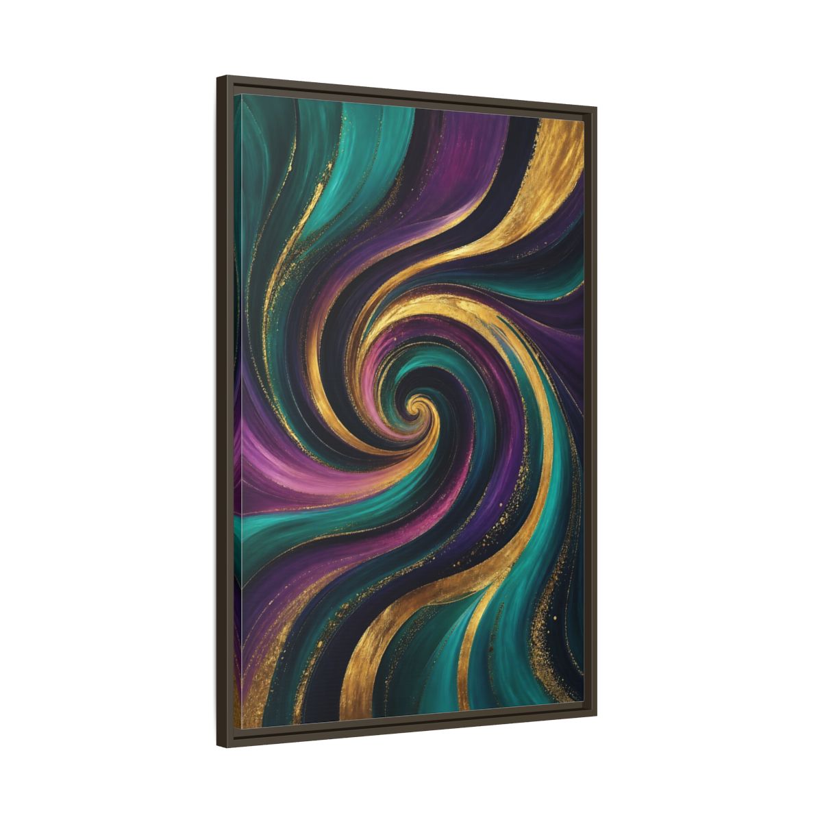Main Mockup. Abstract Abstract Swirl Teal Purple Gold Swirl shown as stretched canvas wall art
