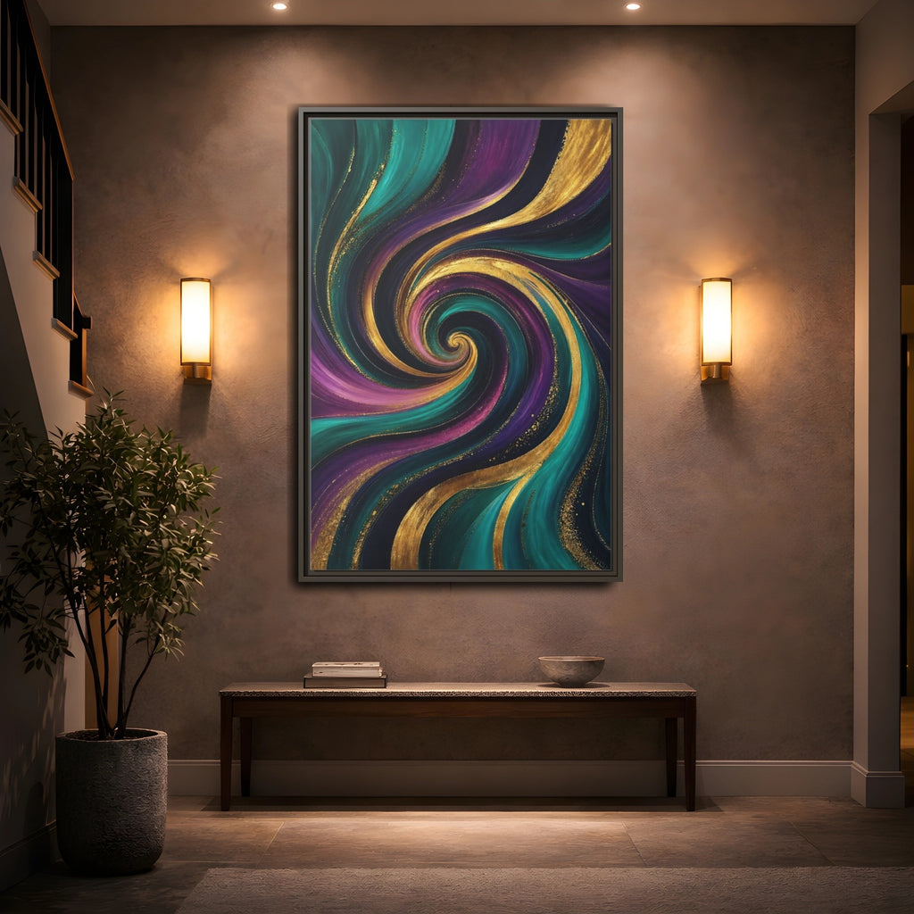 Mockup 2. Abstract Abstract Swirl Teal Purple Gold Swirl shown as stretched canvas wall art