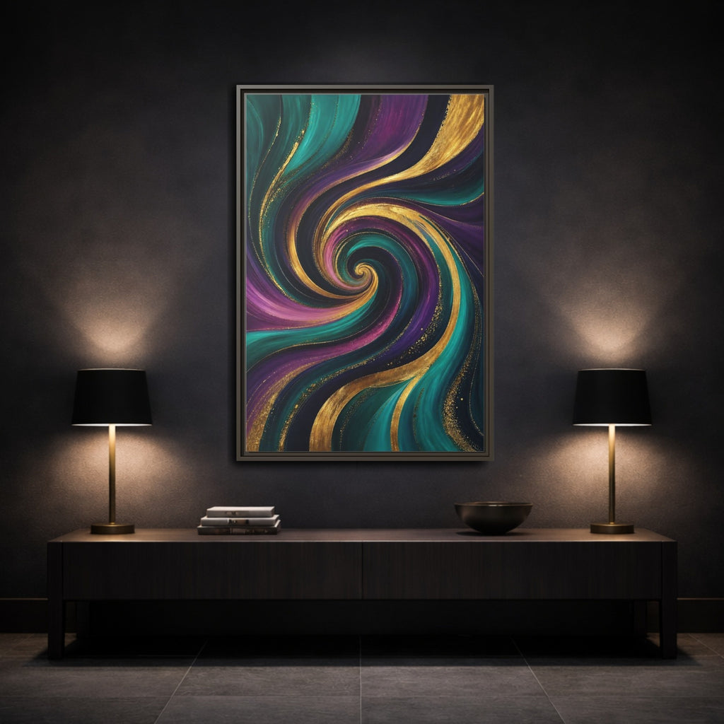 Mockup 3. Abstract Abstract Swirl Teal Purple Gold Swirl shown as stretched canvas wall art
