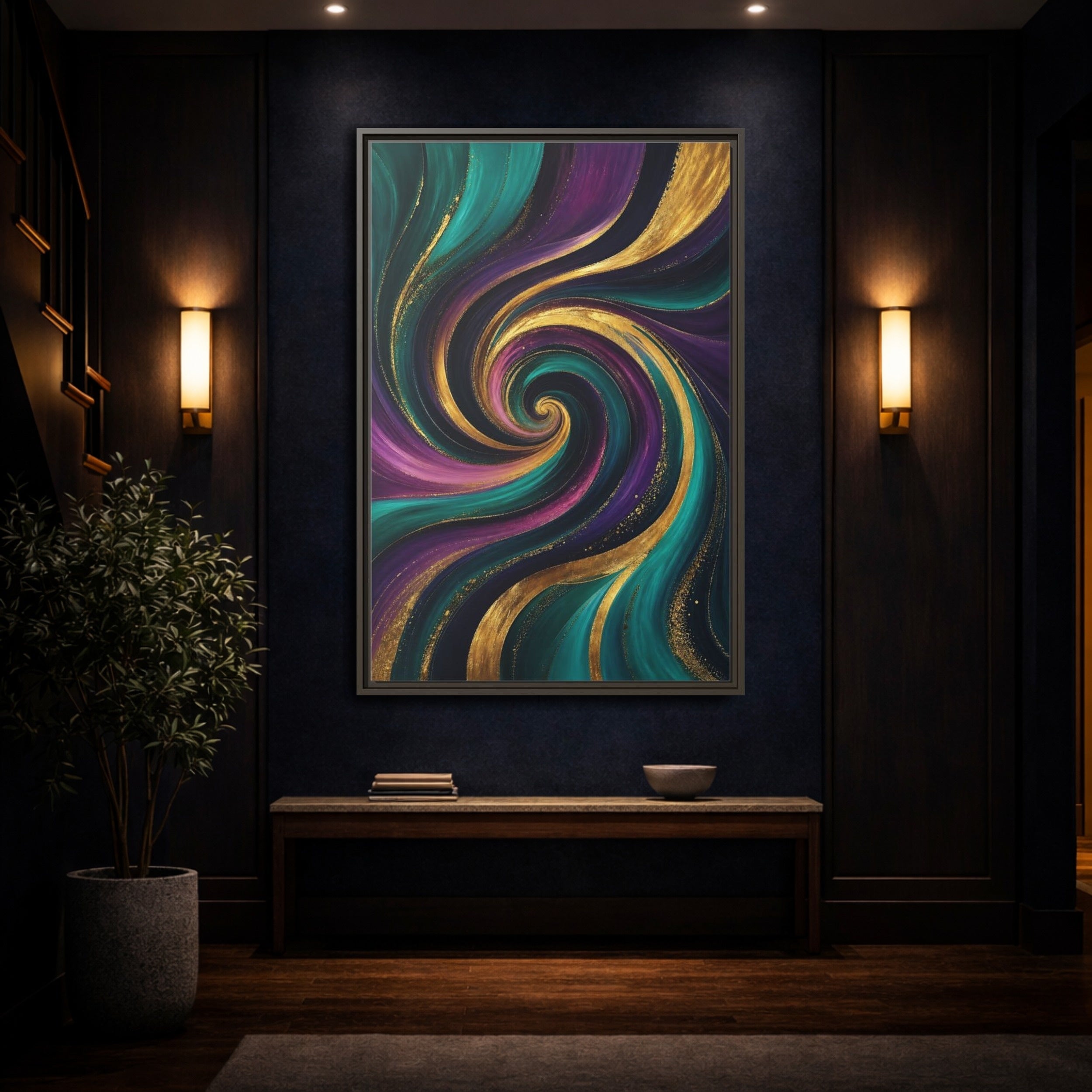 Mockup 4. Abstract Abstract Swirl Teal Purple Gold Swirl shown as stretched canvas wall art