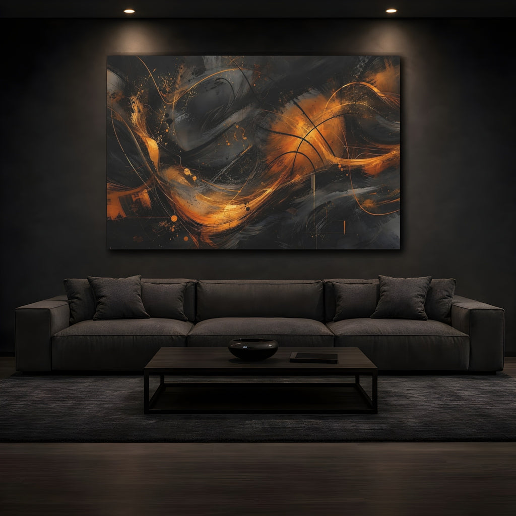 Mockup 3. Abstract Abstract Swirls Black And Gold Abstract shown as stretched canvas wall art