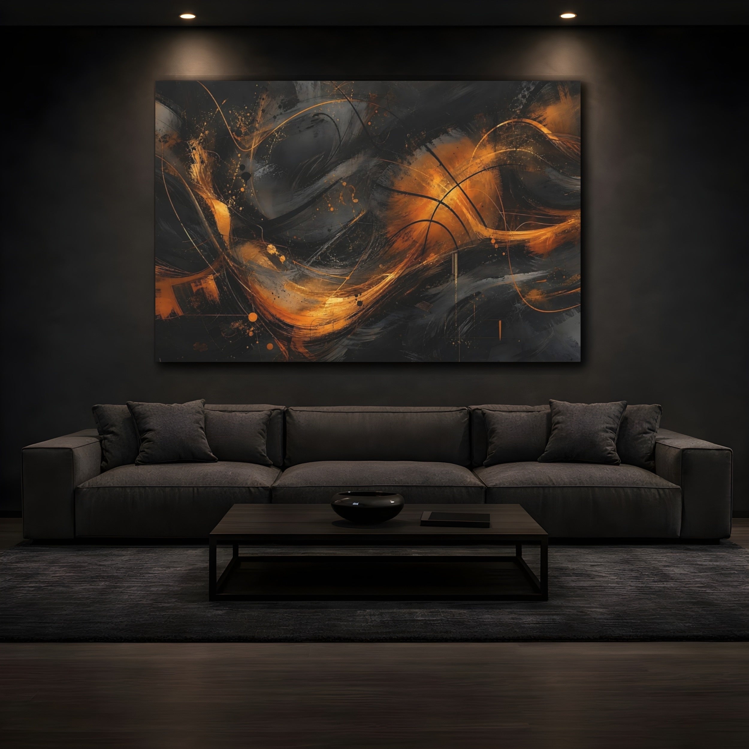 Mockup 3. Abstract Abstract Swirls Black And Gold Abstract shown as stretched canvas wall art