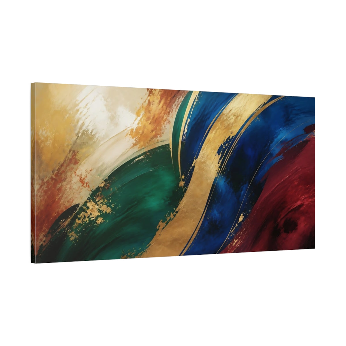 Main Mockup. Abstract Abstract Swirls Blue Green Gold shown as stretched canvas wall art