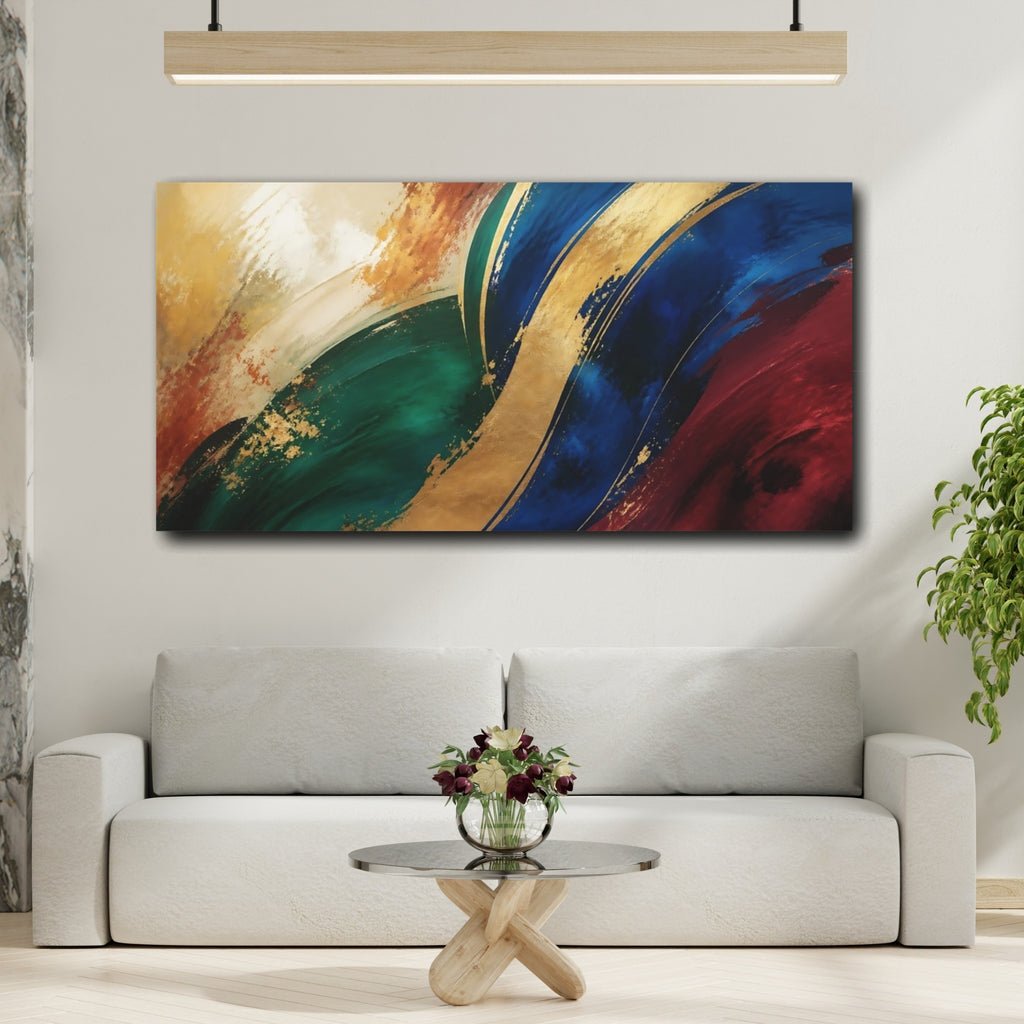 Mockup 2. Abstract Abstract Swirls Blue Green Gold shown as stretched canvas wall art