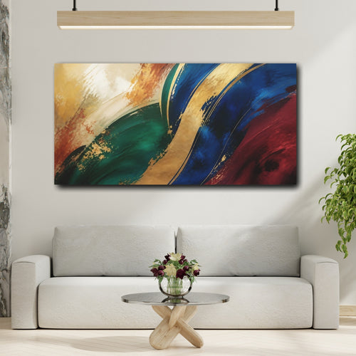 Mockup 2. Abstract Abstract Swirls Blue Green Gold shown as stretched canvas wall art