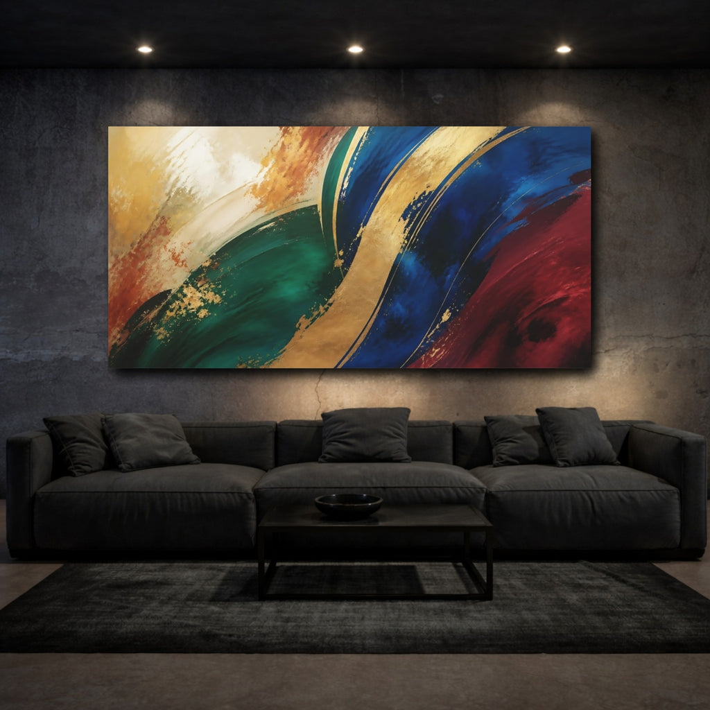 Mockup 3. Abstract Abstract Swirls Blue Green Gold shown as stretched canvas wall art