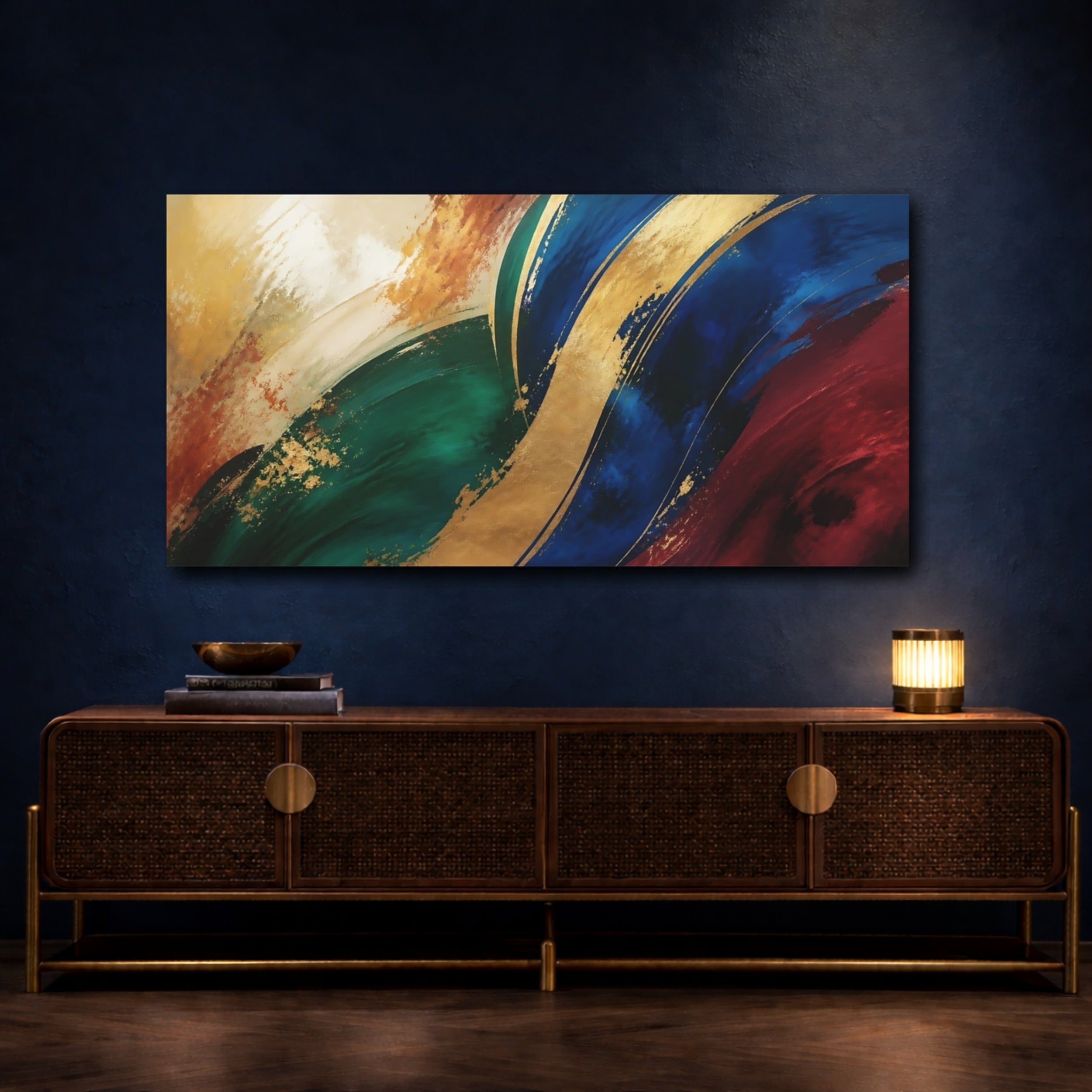 Mockup 4. Abstract Abstract Swirls Blue Green Gold shown as stretched canvas wall art