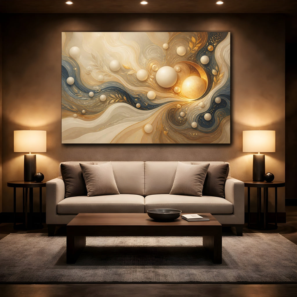 Mockup 2. Abstract Abstract Swirls Gold And Blue shown as stretched canvas wall art