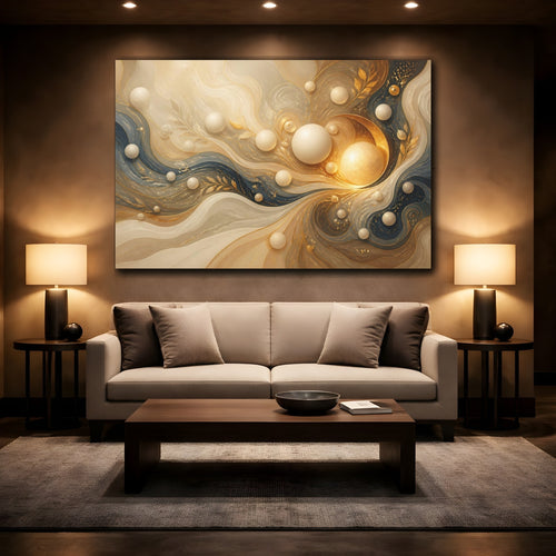 Mockup 2. Abstract Abstract Swirls Gold And Blue shown as stretched canvas wall art