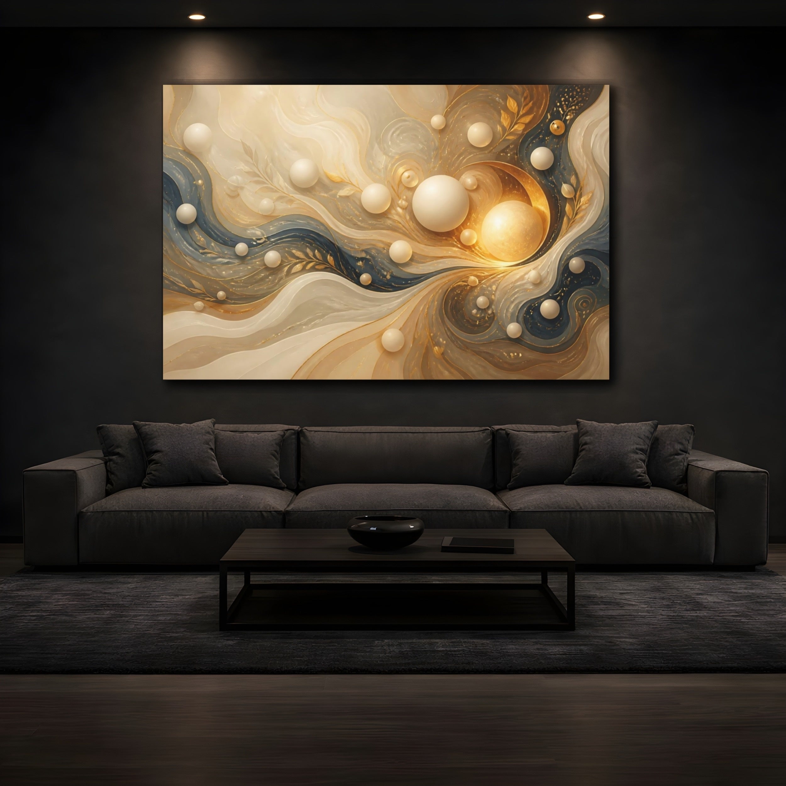 Mockup 3. Abstract Abstract Swirls Gold And Blue shown as stretched canvas wall art