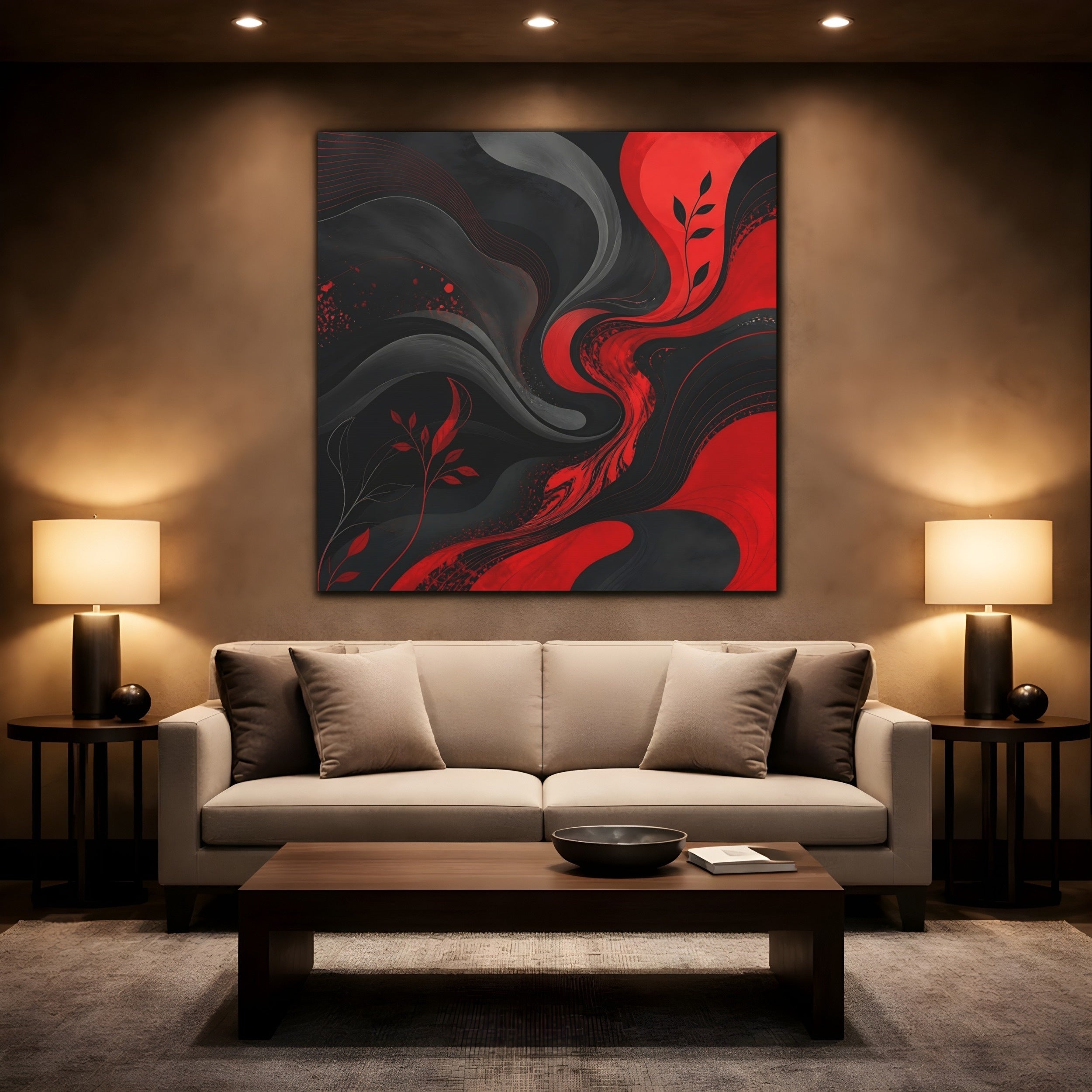 Mockup 2. Abstract Abstract Swirls Red Black Abstract shown as stretched canvas wall art