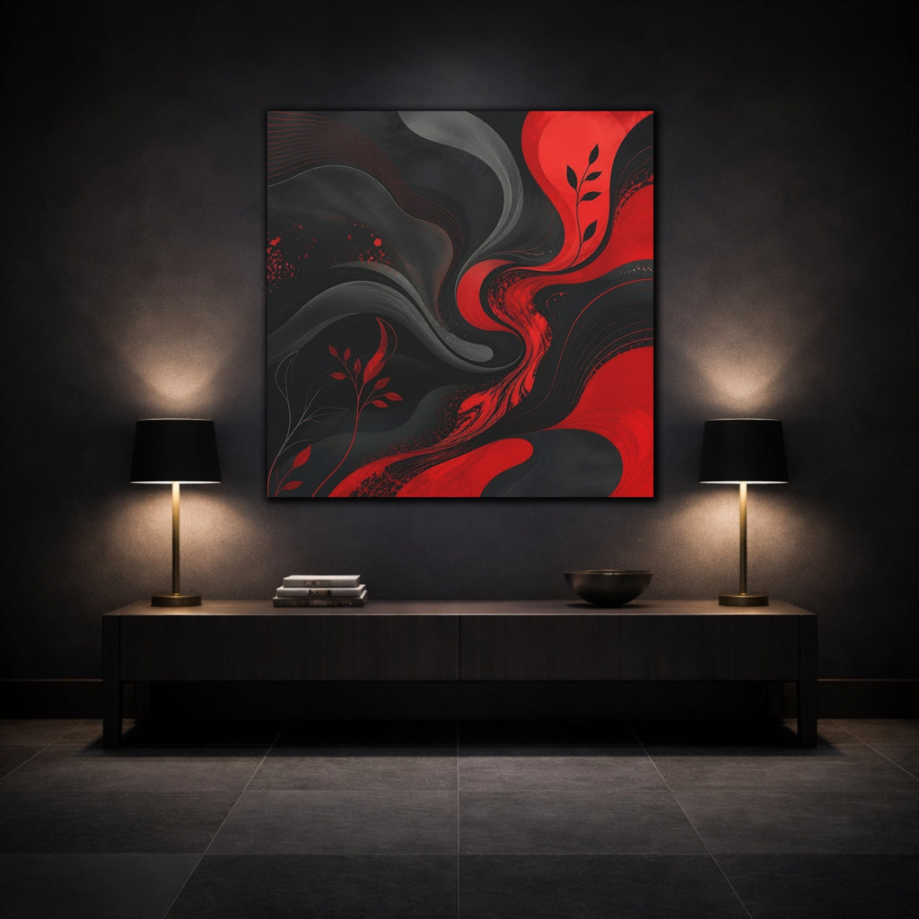 Mockup 3. Abstract Abstract Swirls Red Black Abstract shown as stretched canvas wall art
