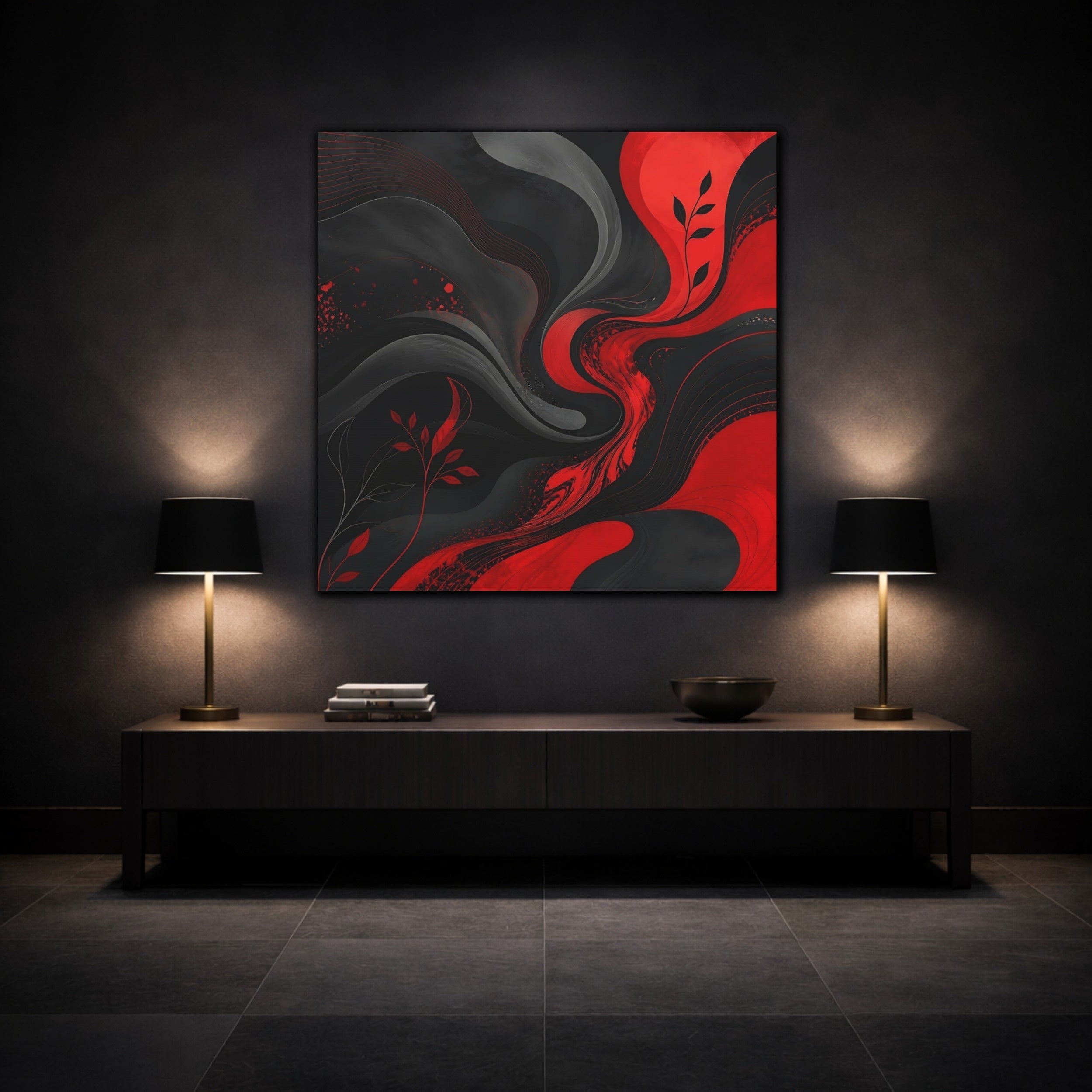 Mockup 3. Abstract Abstract Swirls Red Black Abstract shown as stretched canvas wall art