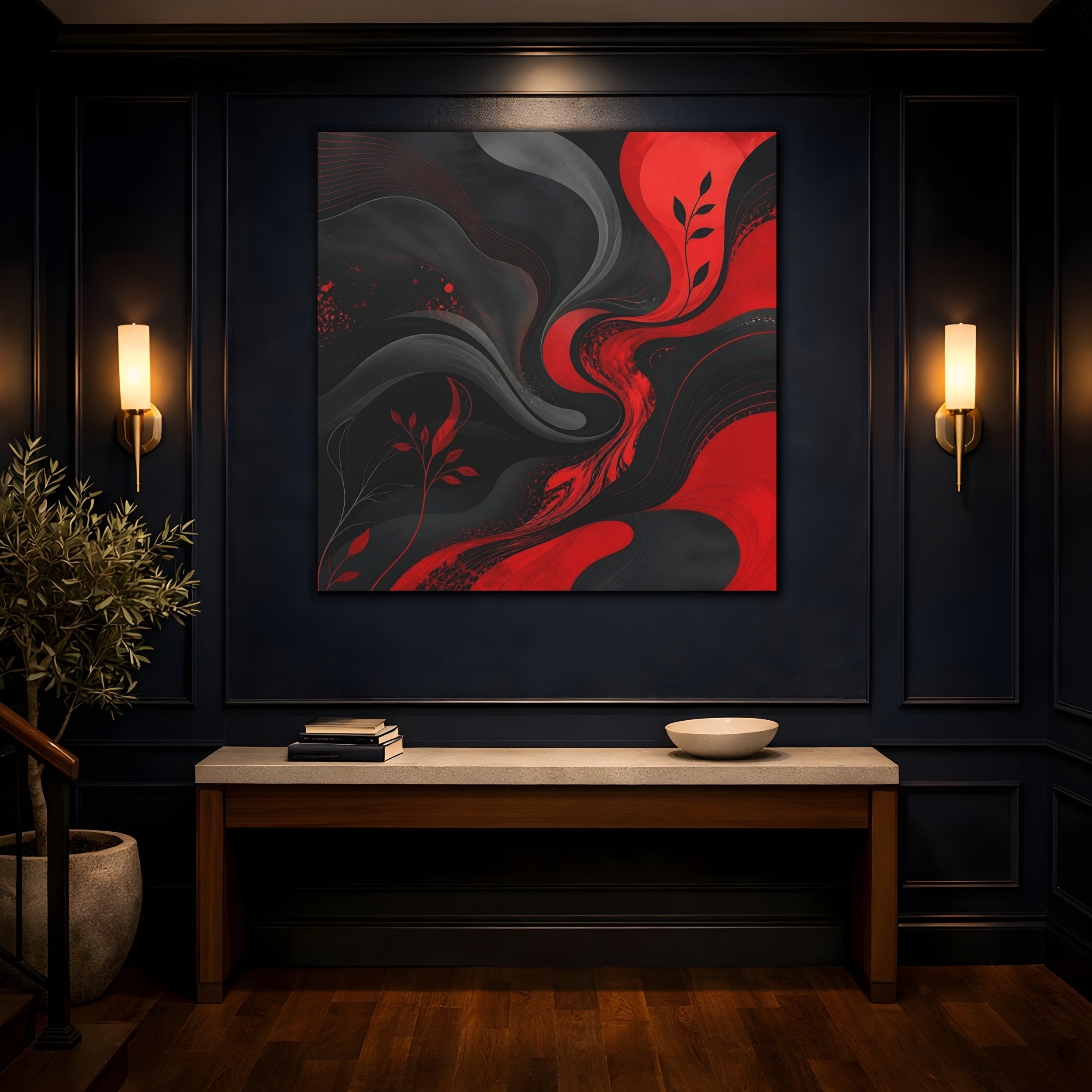 Mockup 4. Abstract Abstract Swirls Red Black Abstract shown as stretched canvas wall art