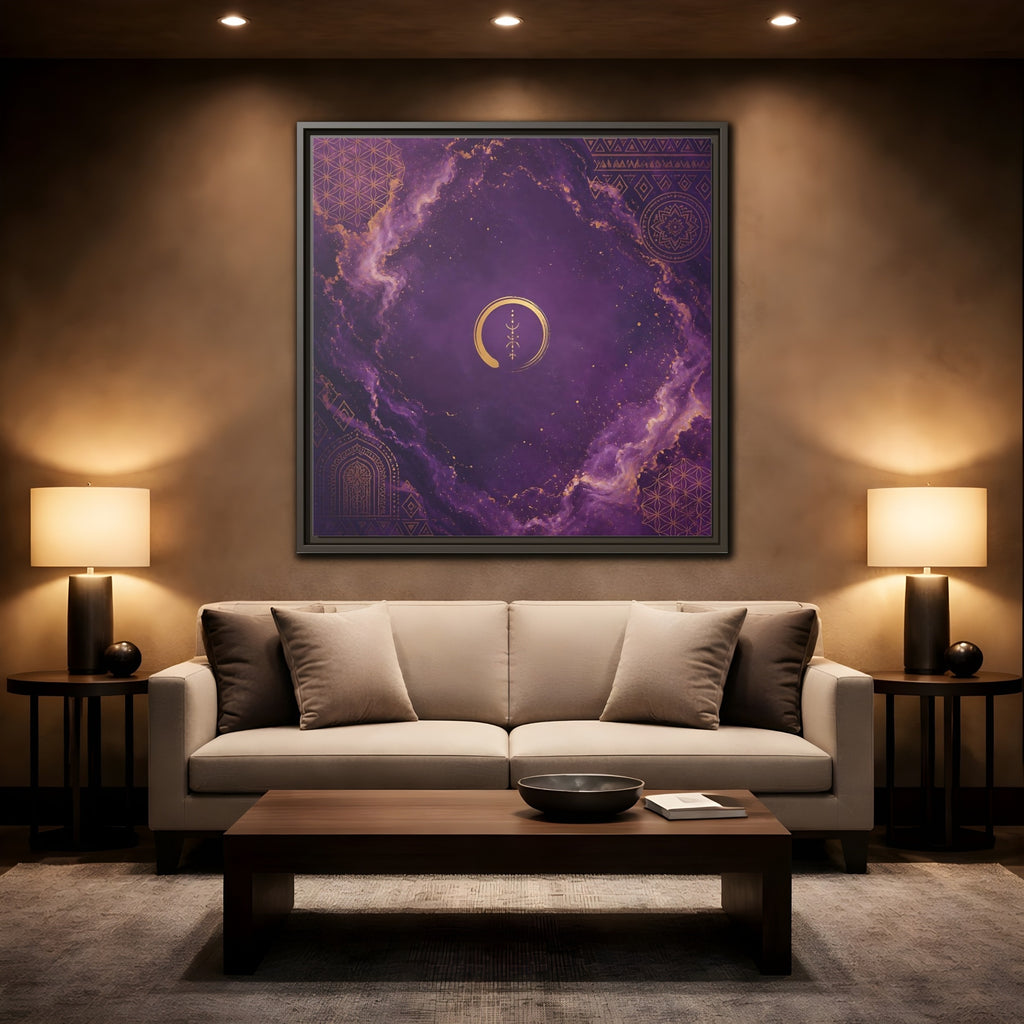 Mockup 2. Abstract Abstract Symbol Purple And Gold shown as stretched canvas wall art